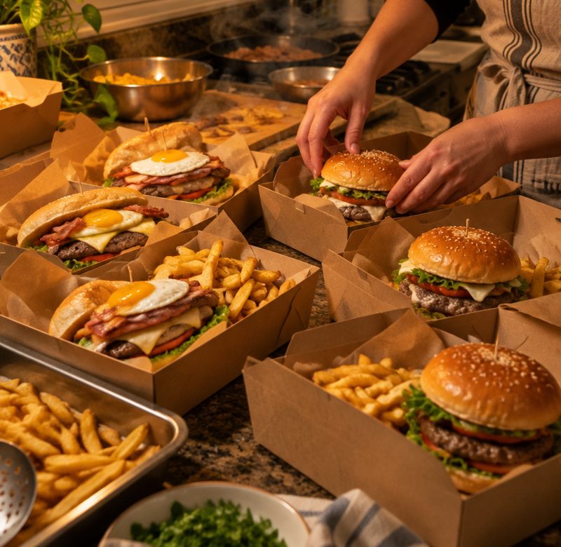Cocina casera preparando hamburguesas, chivitos y fritas para delivery